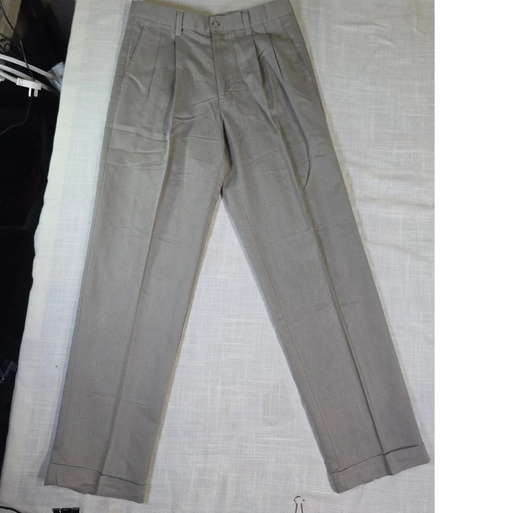 Dockers Mens Pleated Front Cuffed Trousers Taupe Tan Straight Leg Pants 30x32